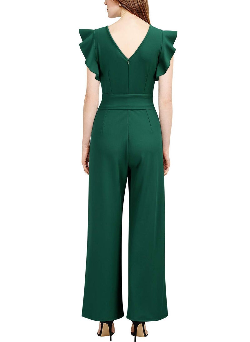 Knitee Women's Vintage Sleeveless Ruffle High Waist Wide Leg Romper Formal Long Jumpsuit with Belt (A-Dark Green, Medium) - Image 2
